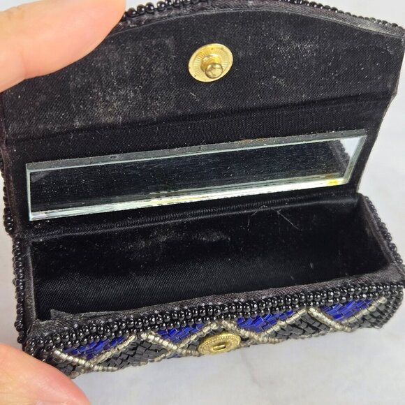 Vintage Beaded Lipstick Case Holder Inside Mirror Snap Closure Black Blue Clear - Picture 5 of 7